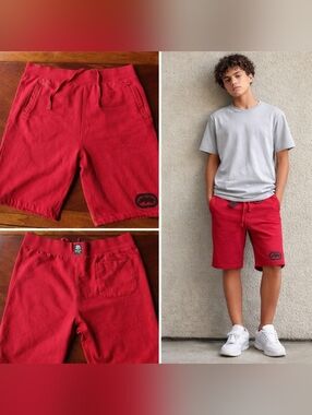 Edgy gray denim shorts featuring distressed detailing and red side stripe accent